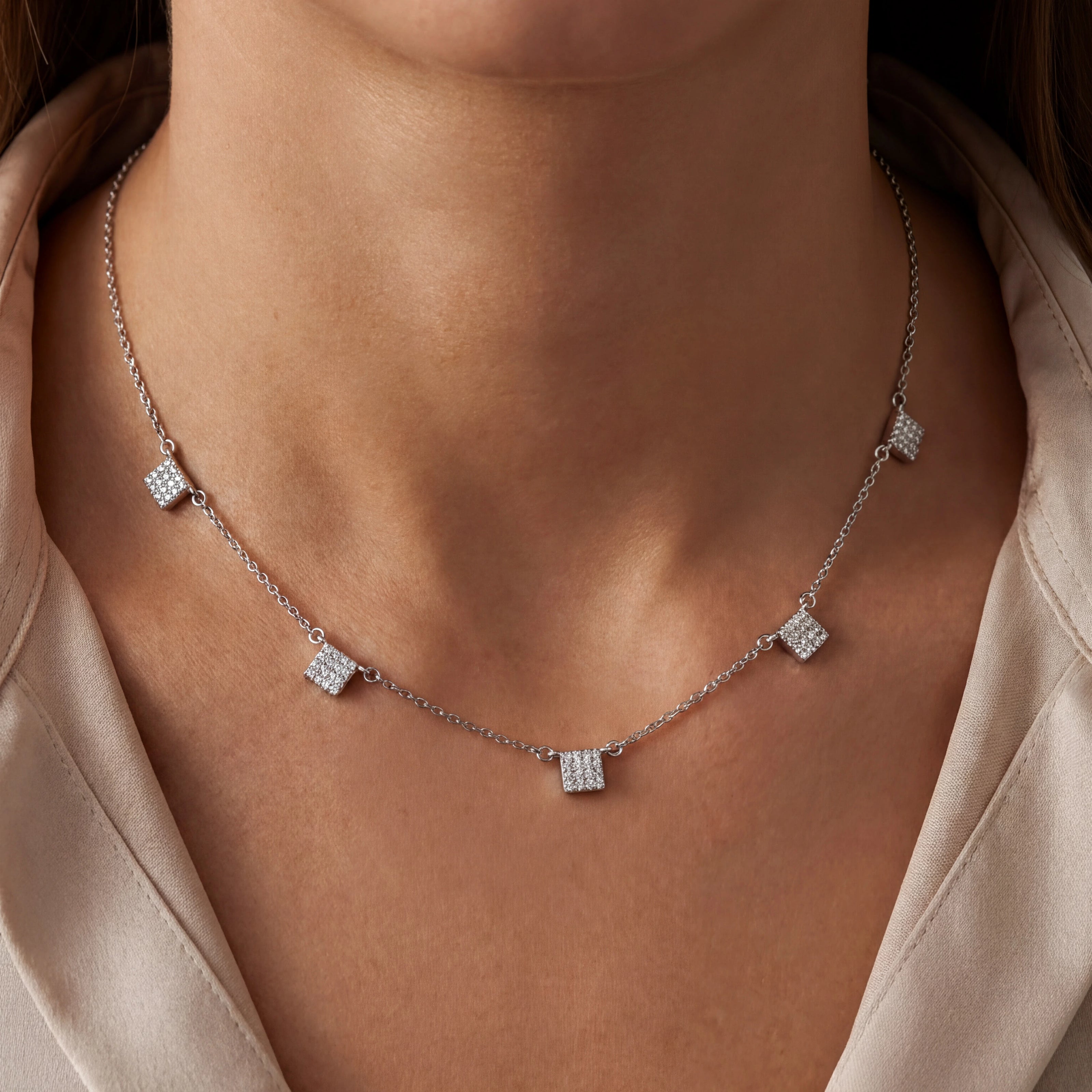 CZ Square Station Necklace — 2